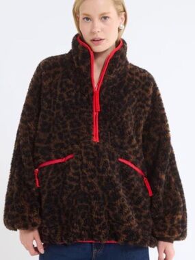 Rumored Leopard-Print Teddy Jacket with Red Trim